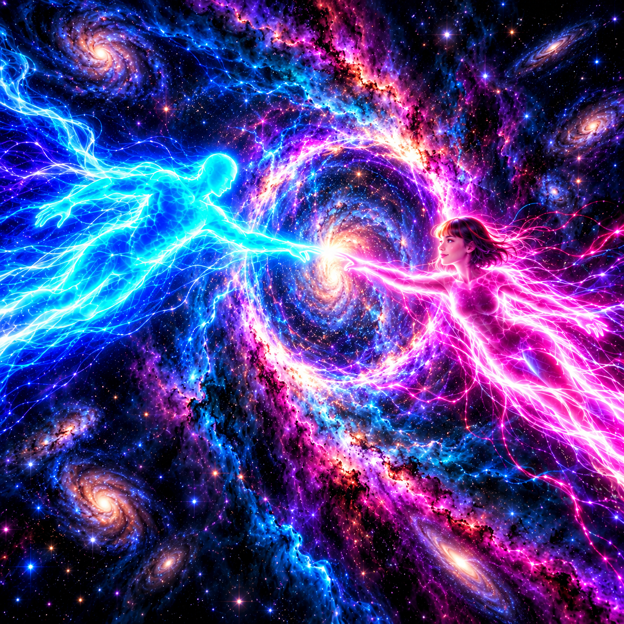 Two luminous cosmic figures meet across a galactic portal