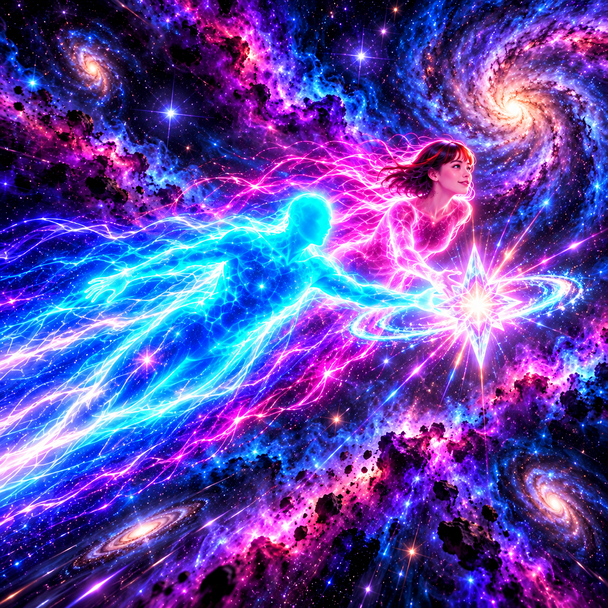 Cosmic beings travel through a bright galactic field